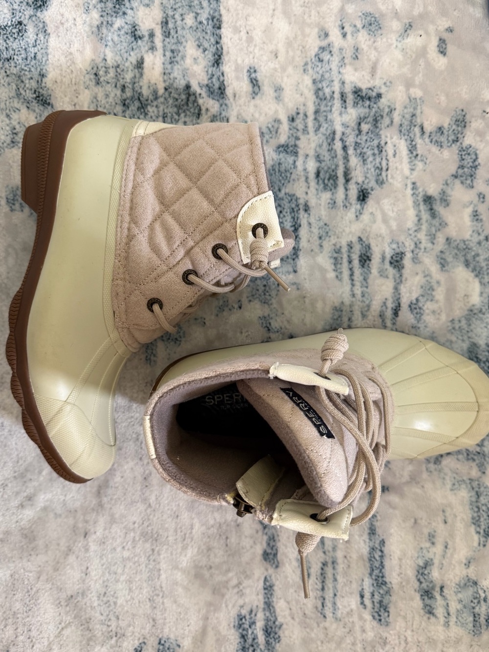 Sperry Quilted Two-Tone Duck Boots in Cream and Brown